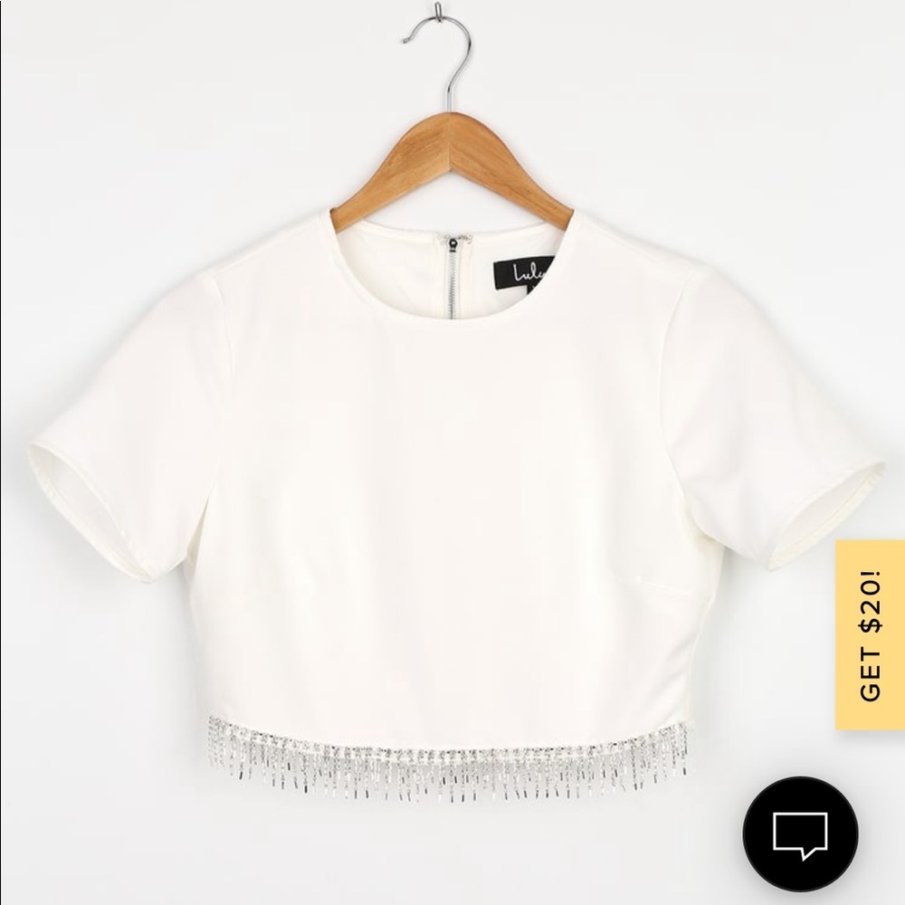 Medium Sparkle Hour White Short Sleeve Rhinestone Fringe Crop Top
